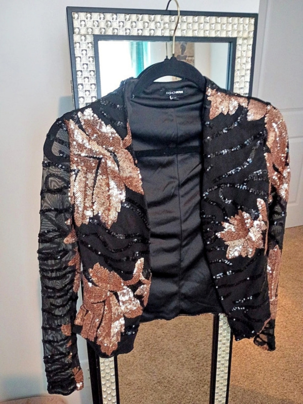 Fashion Nova Sequin Floral Jacket in Black & Pink XL